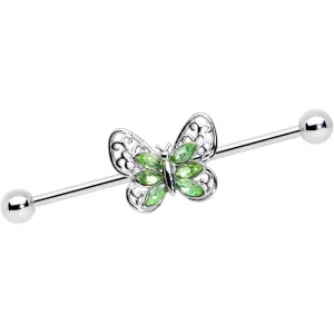 14 Gauge Green Gem Lacy Butterfly Industrial Barbell 38mm