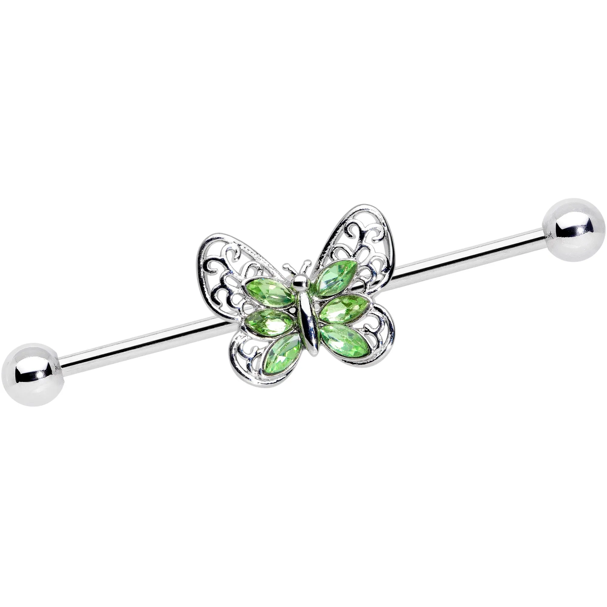 14 Gauge Green Gem Lacy Butterfly Industrial Barbell 38mm