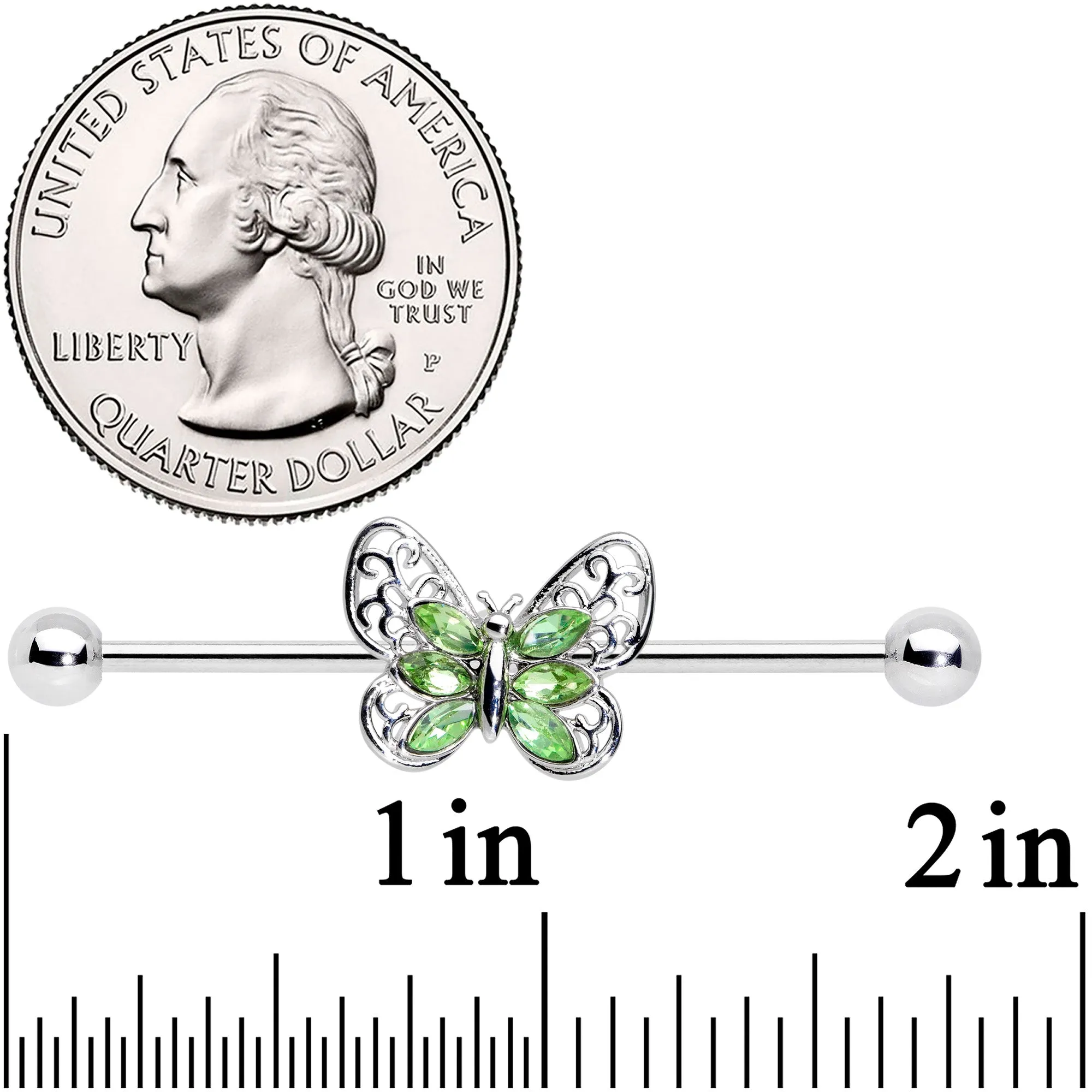 14 Gauge Green Gem Lacy Butterfly Industrial Barbell 38mm