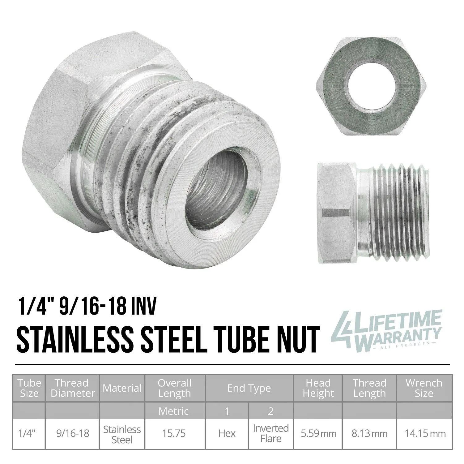 1/4" (9/16-18 Inverted) Stainless Steel Tube Nut | 10ct