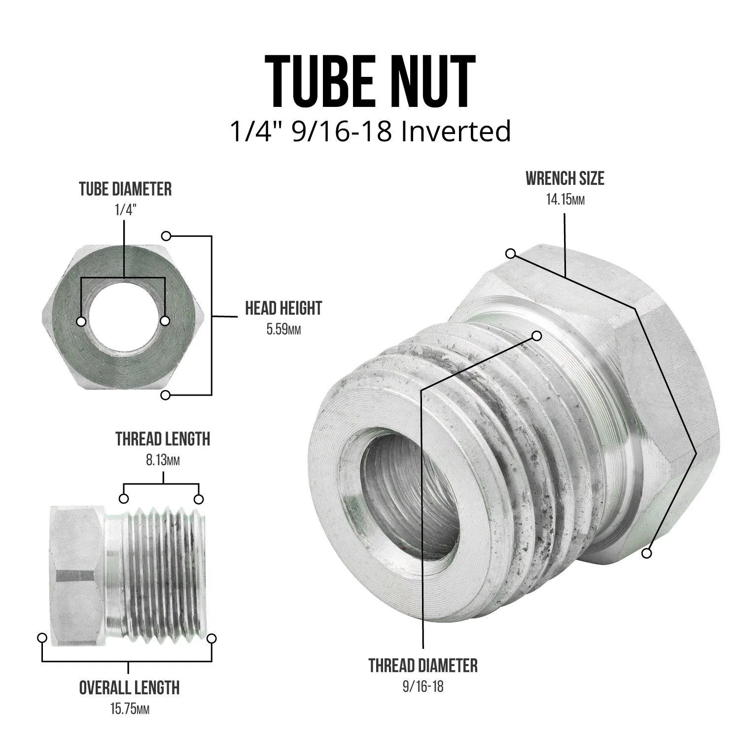 1/4" (9/16-18 Inverted) Stainless Steel Tube Nut | 10ct