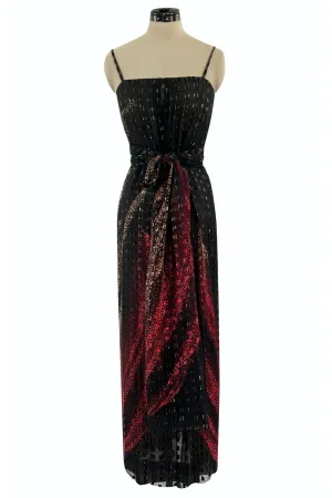1970s Pauline Trigere Metallic Gold Thread on Pritned Silk Chiffon Dress & Sash