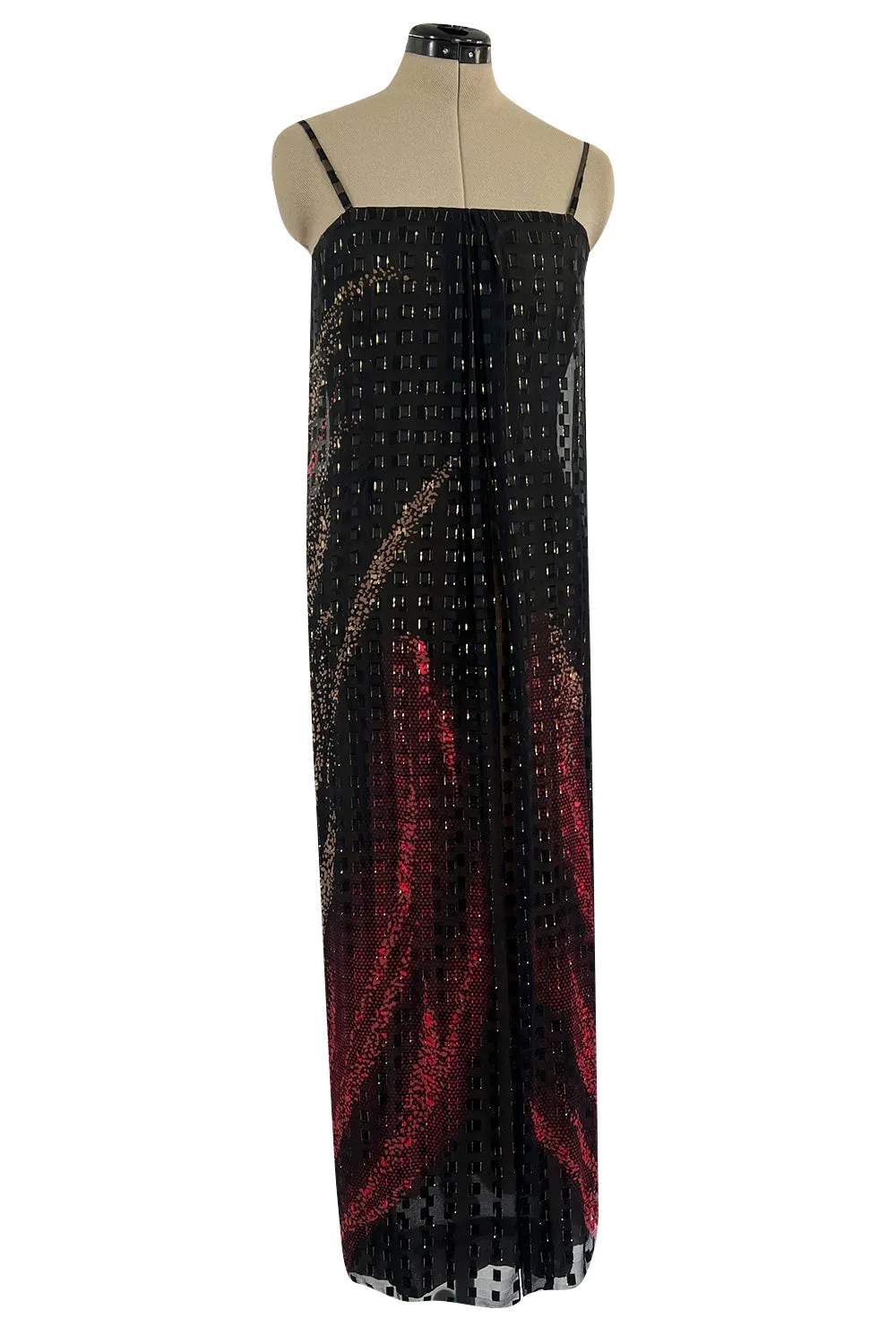 1970s Pauline Trigere Metallic Gold Thread on Pritned Silk Chiffon Dress & Sash