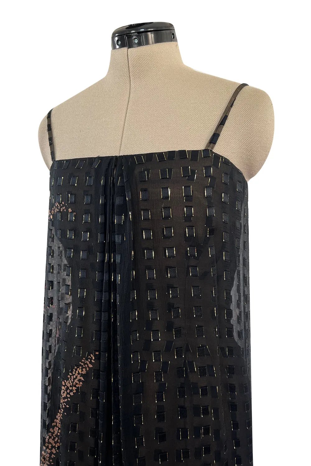 1970s Pauline Trigere Metallic Gold Thread on Pritned Silk Chiffon Dress & Sash