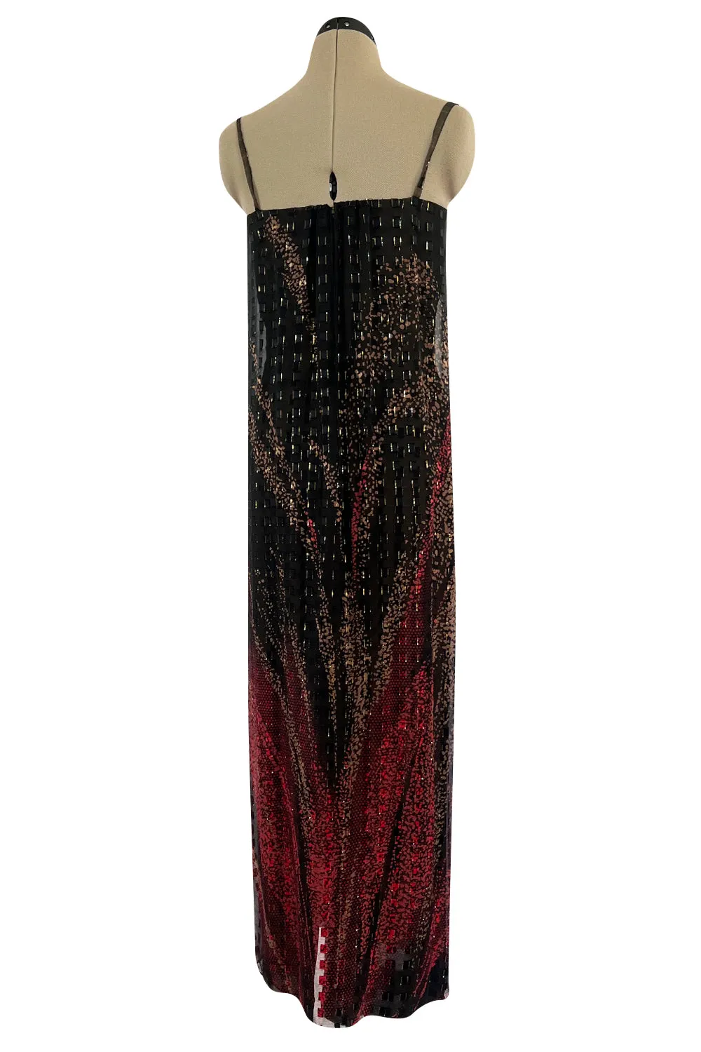 1970s Pauline Trigere Metallic Gold Thread on Pritned Silk Chiffon Dress & Sash