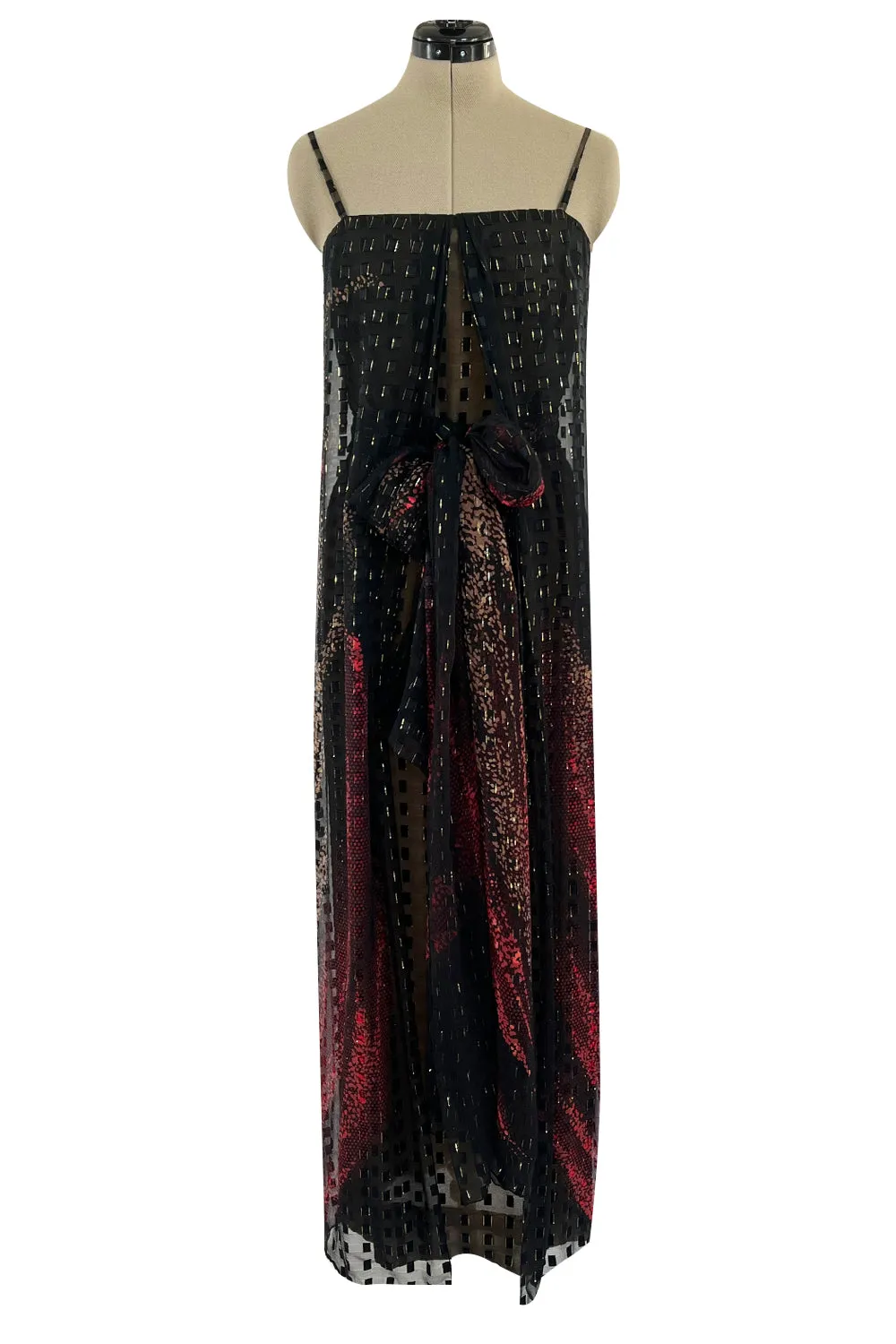 1970s Pauline Trigere Metallic Gold Thread on Pritned Silk Chiffon Dress & Sash