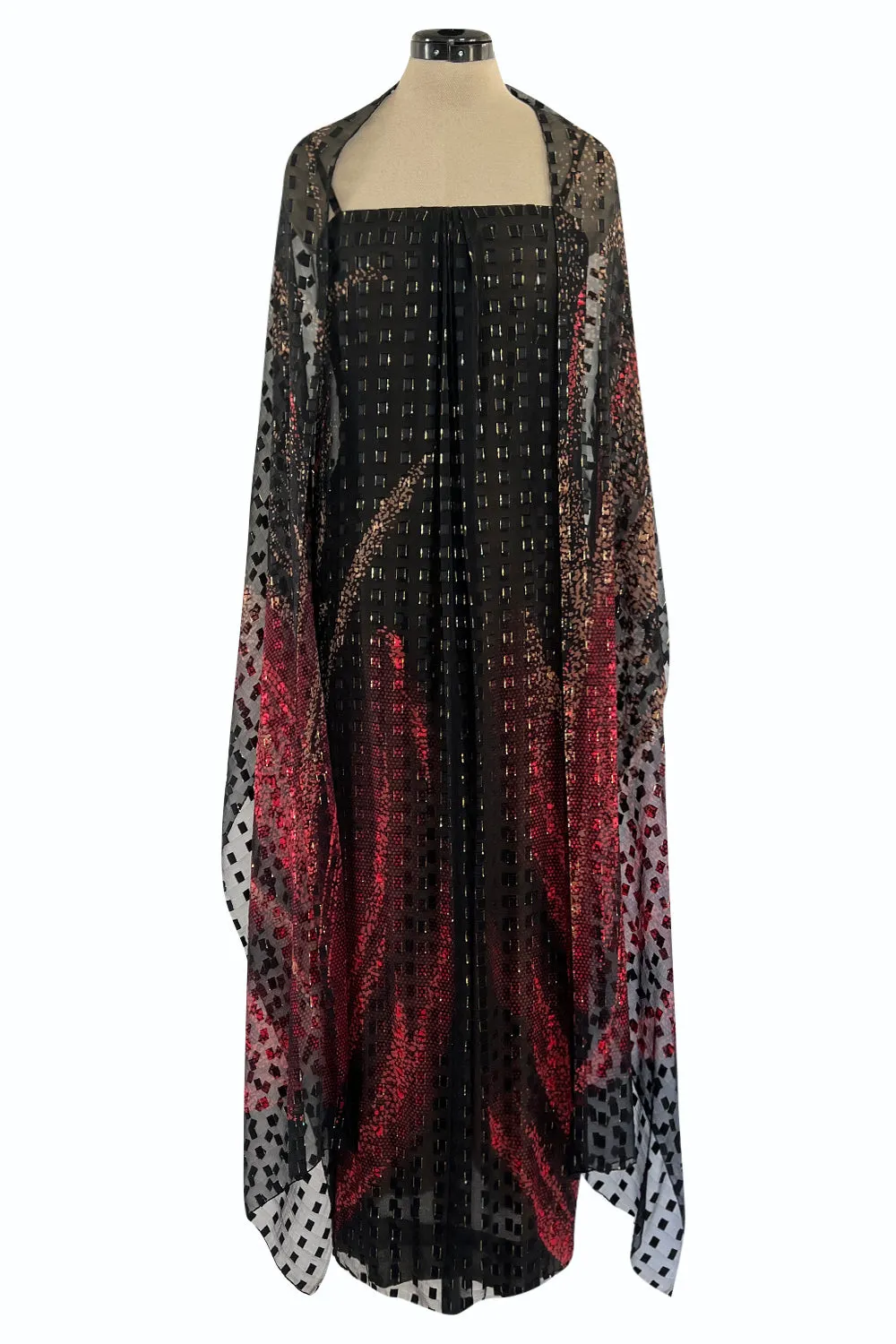 1970s Pauline Trigere Metallic Gold Thread on Pritned Silk Chiffon Dress & Sash