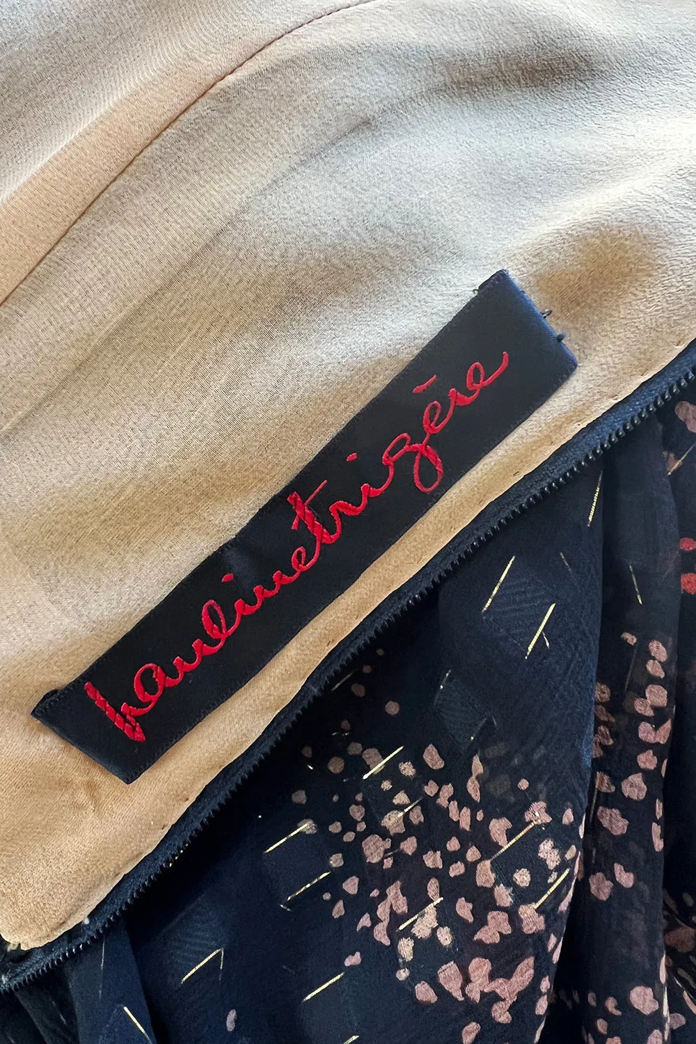 1970s Pauline Trigere Metallic Gold Thread on Pritned Silk Chiffon Dress & Sash