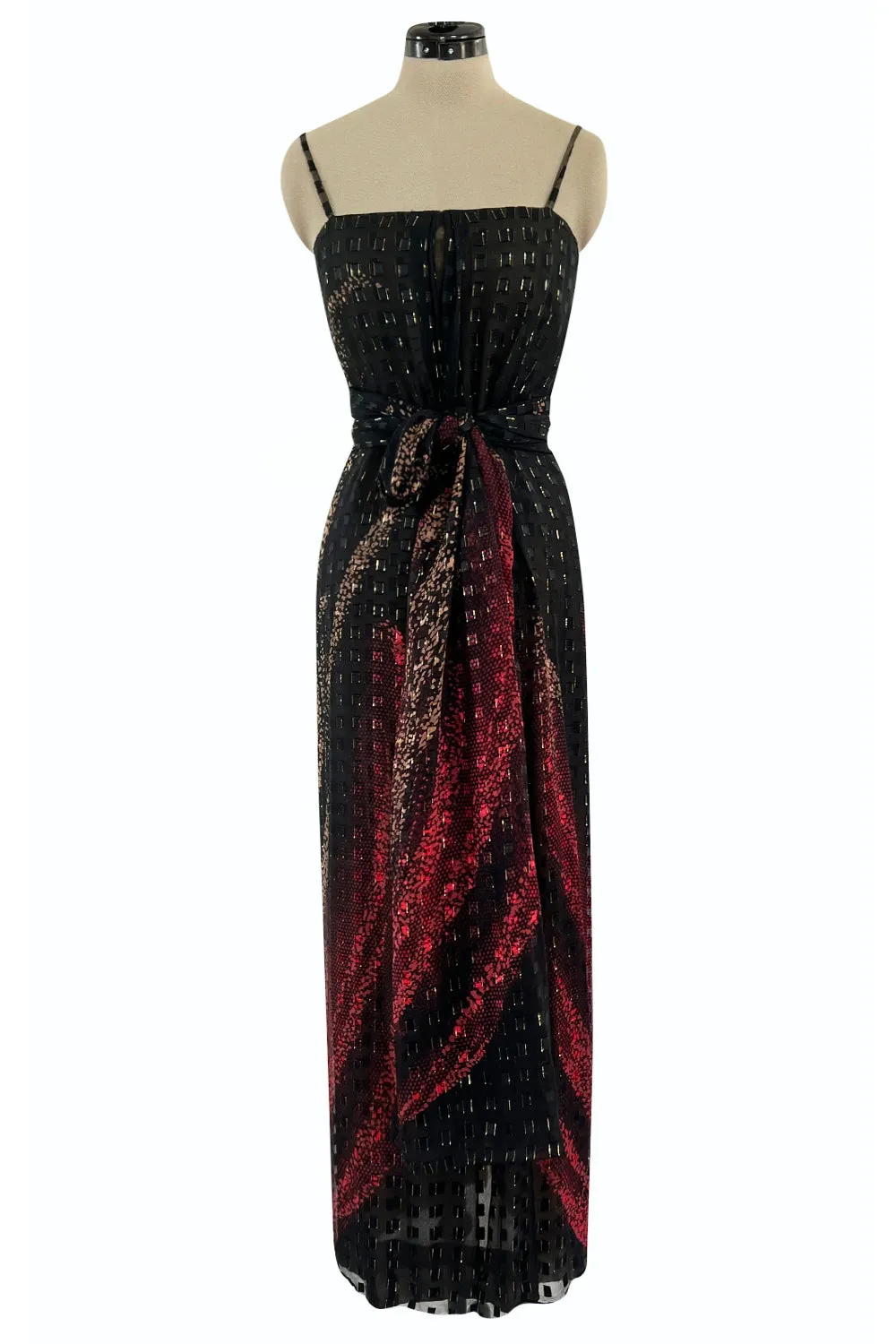 1970s Pauline Trigere Metallic Gold Thread on Pritned Silk Chiffon Dress & Sash