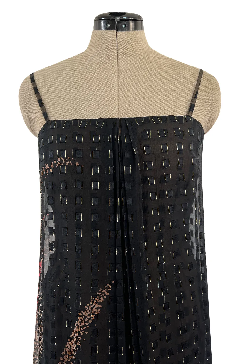 1970s Pauline Trigere Metallic Gold Thread on Pritned Silk Chiffon Dress & Sash