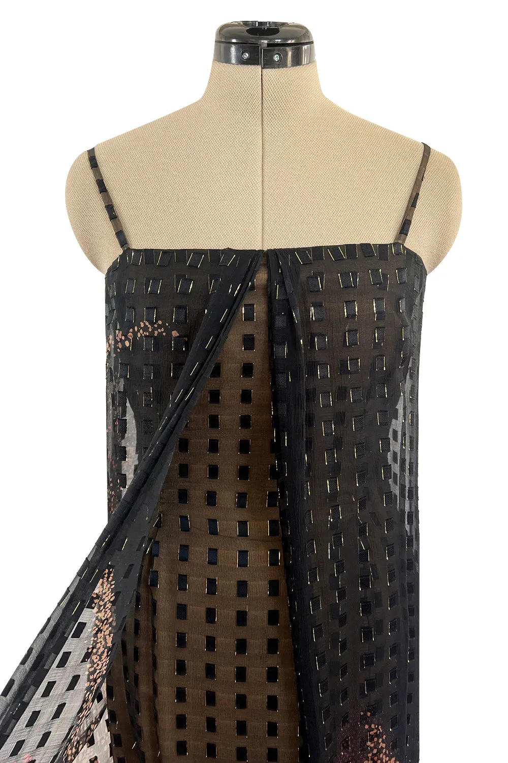 1970s Pauline Trigere Metallic Gold Thread on Pritned Silk Chiffon Dress & Sash