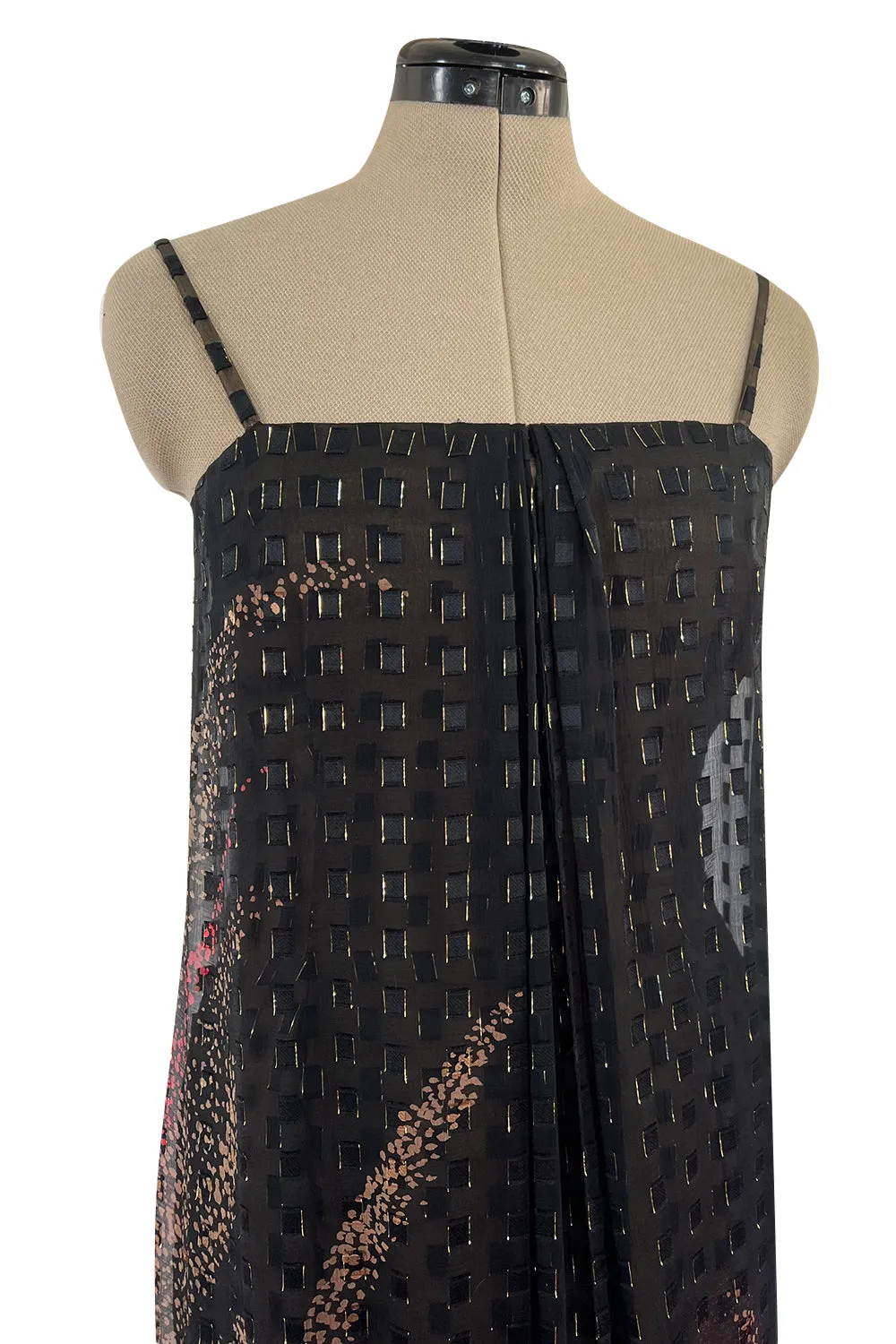 1970s Pauline Trigere Metallic Gold Thread on Pritned Silk Chiffon Dress & Sash