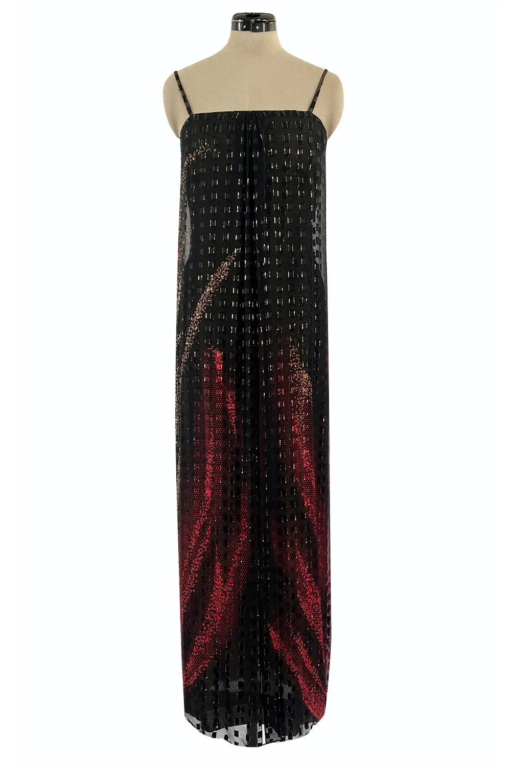 1970s Pauline Trigere Metallic Gold Thread on Pritned Silk Chiffon Dress & Sash