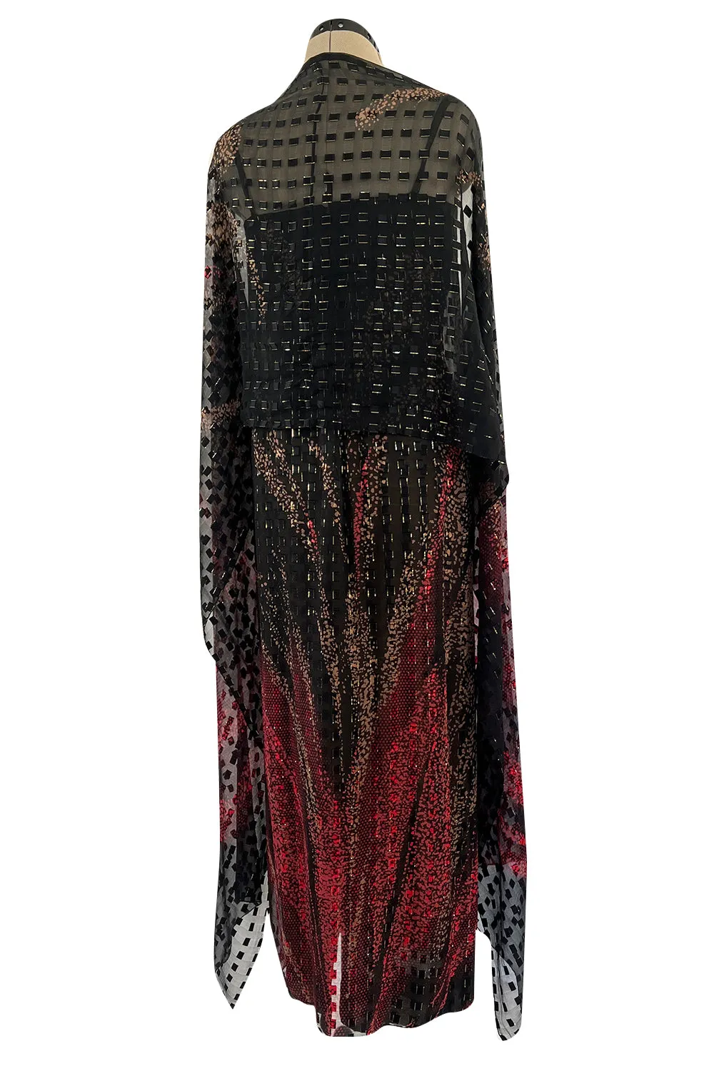 1970s Pauline Trigere Metallic Gold Thread on Pritned Silk Chiffon Dress & Sash