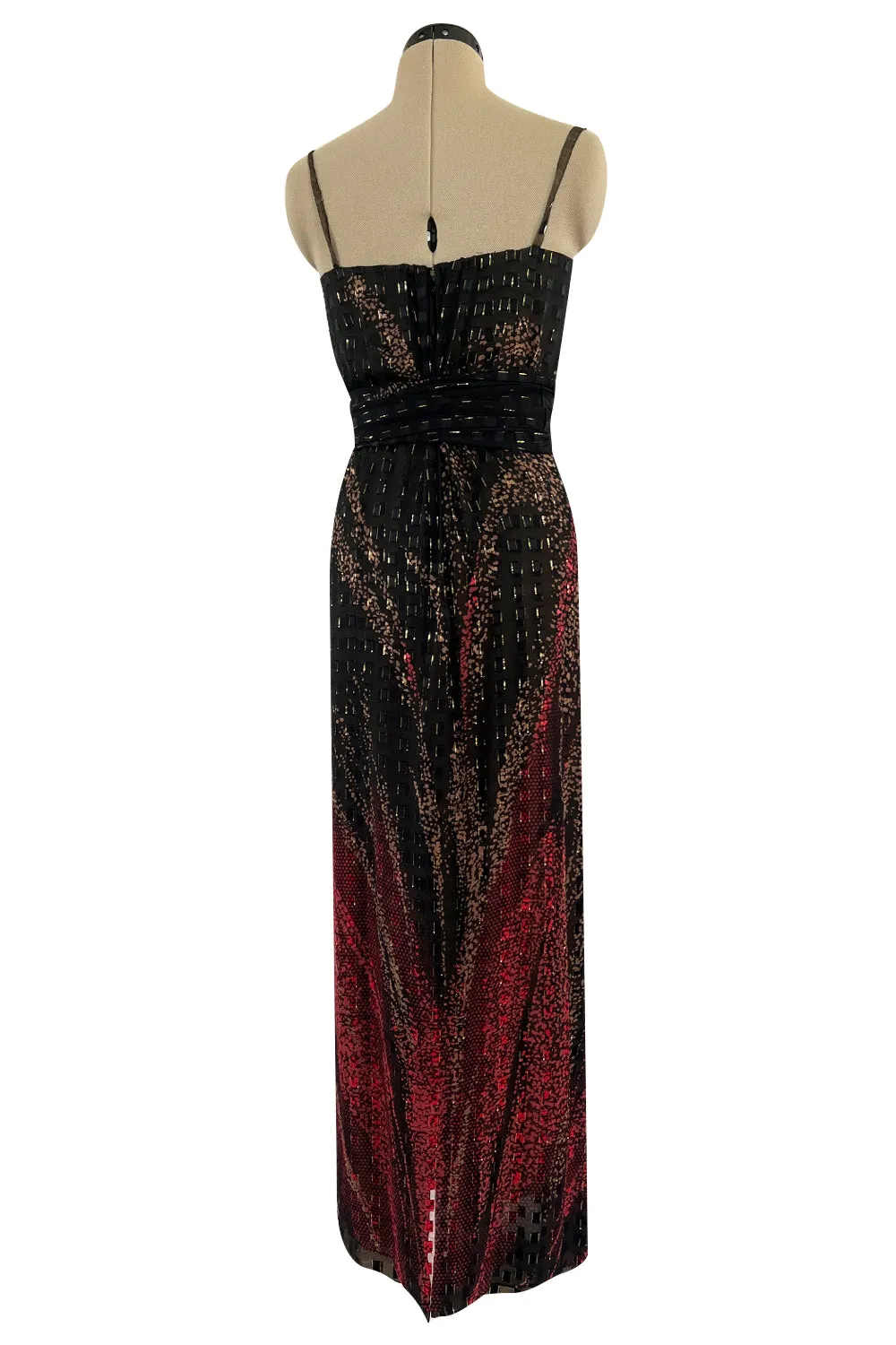 1970s Pauline Trigere Metallic Gold Thread on Pritned Silk Chiffon Dress & Sash