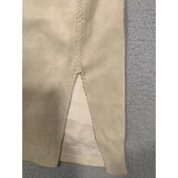 Anne Klein Suede 100% Leather Beige Skirt Lined Side‎ Slit Pencil Knee Size 10