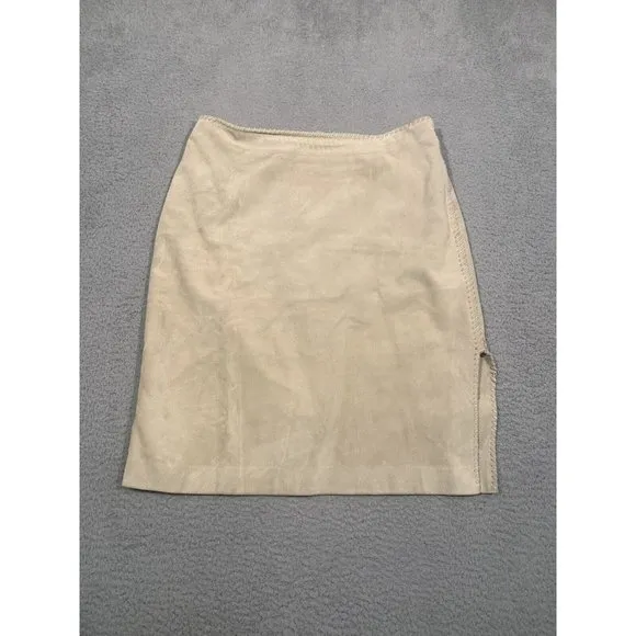 Anne Klein Suede 100% Leather Beige Skirt Lined Side‎ Slit Pencil Knee Size 10