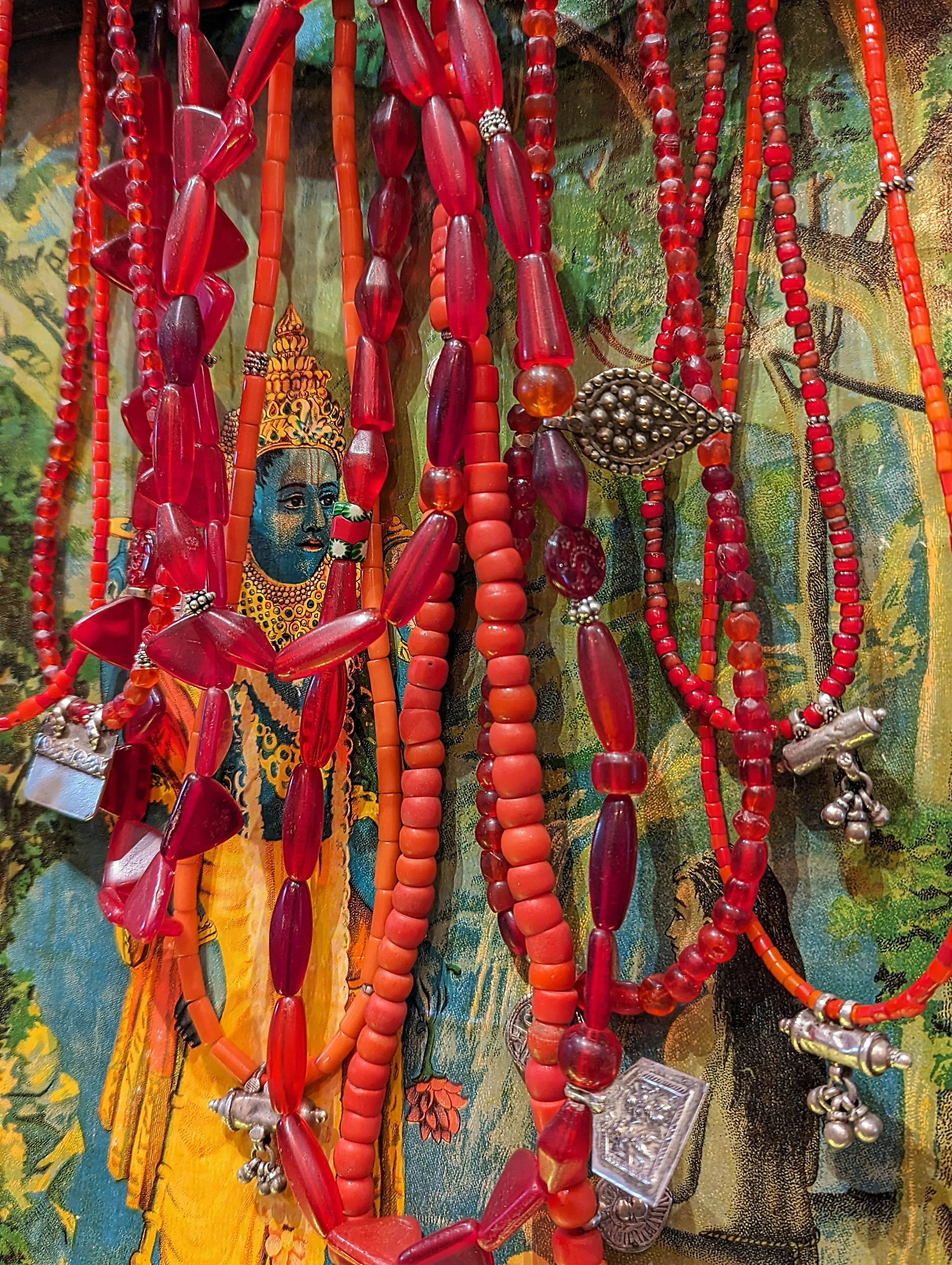Antique bohemian glass & antique silver necklace - warm tones