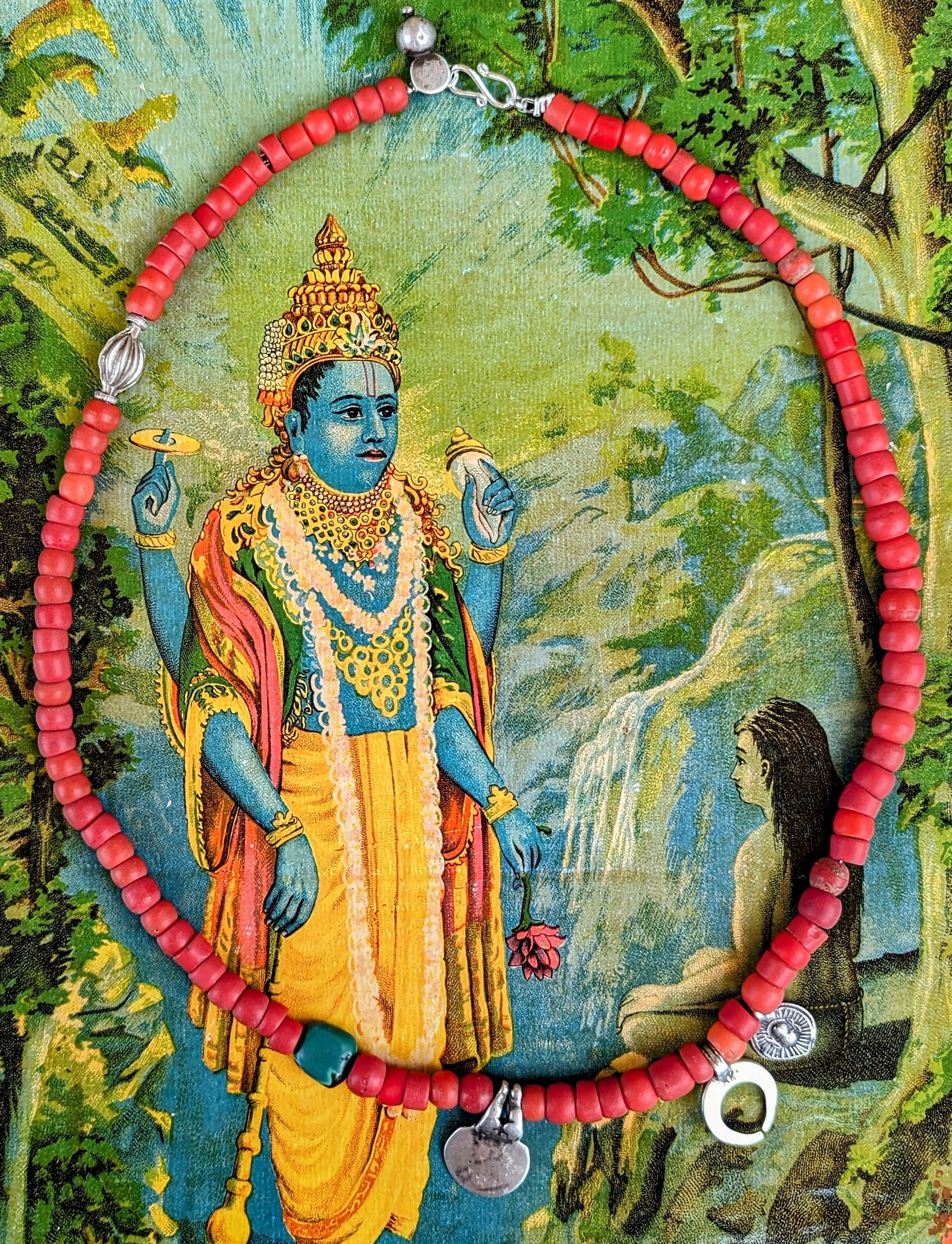 Antique bohemian glass & antique silver necklace - warm tones