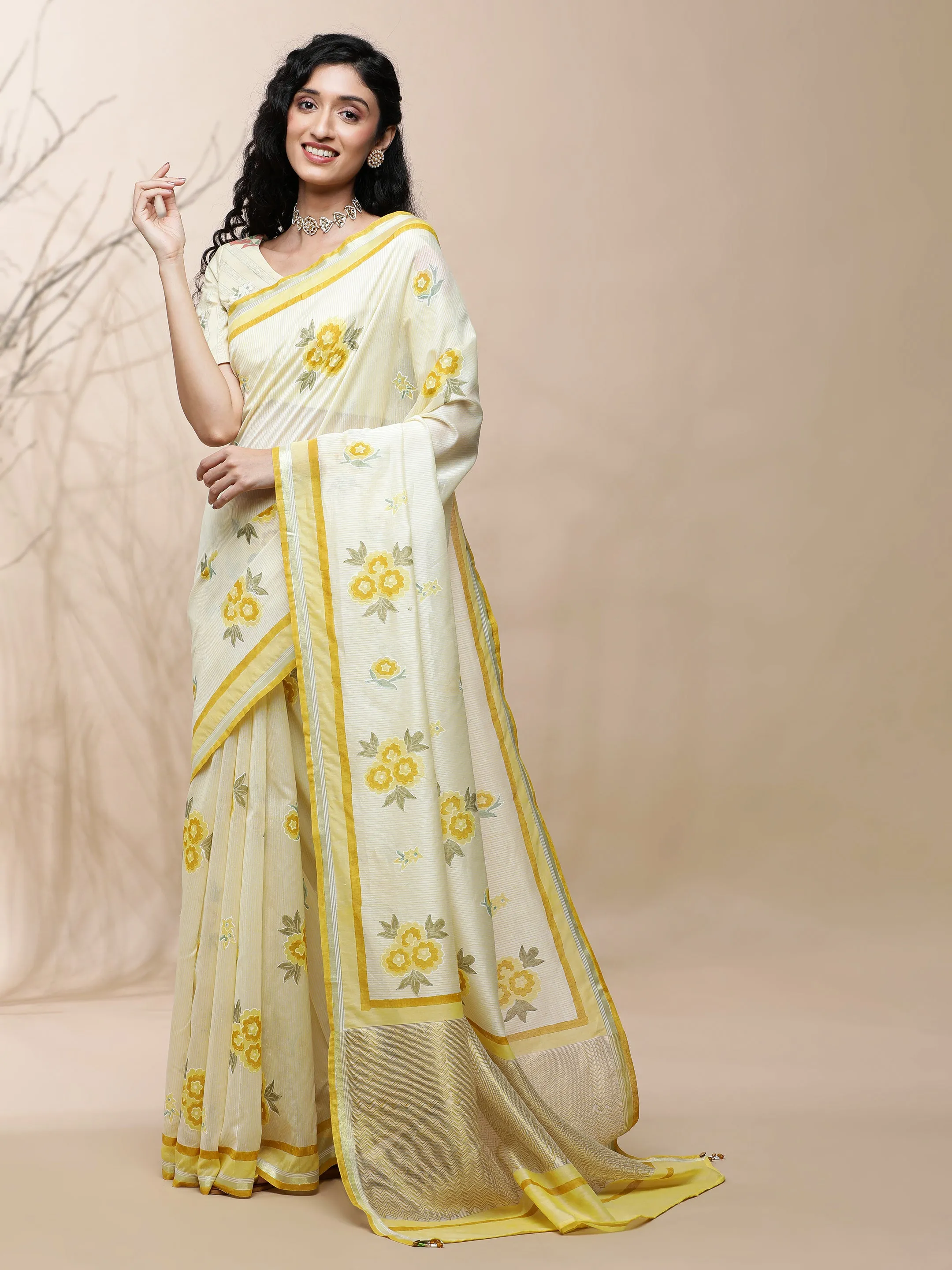 Bageecha Chanderi Yellow Silk Saree