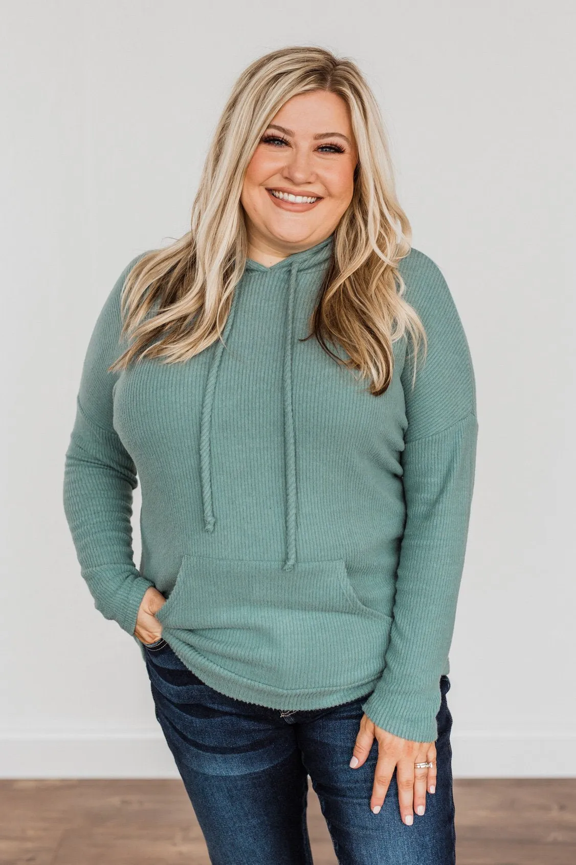 Be Your Best Drawstring Knit Hoodie- Dusty Jade