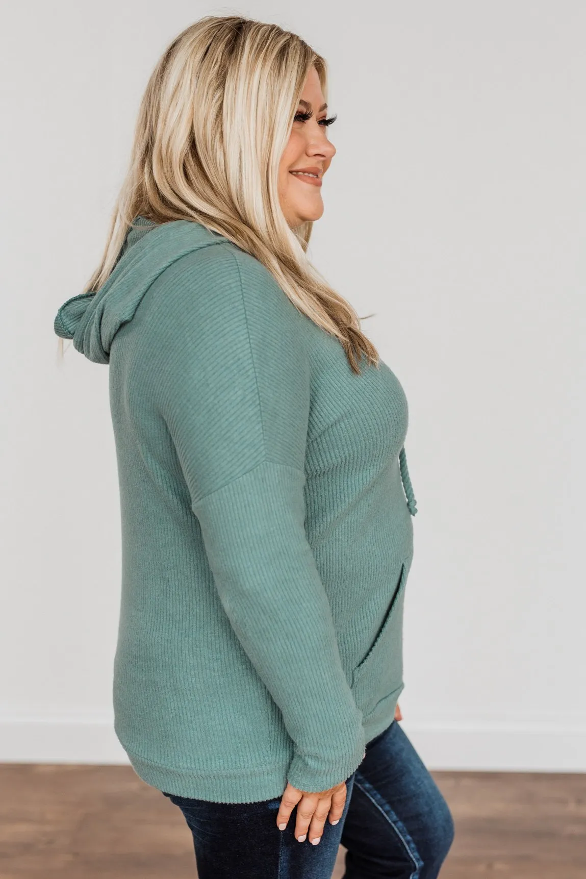 Be Your Best Drawstring Knit Hoodie- Dusty Jade