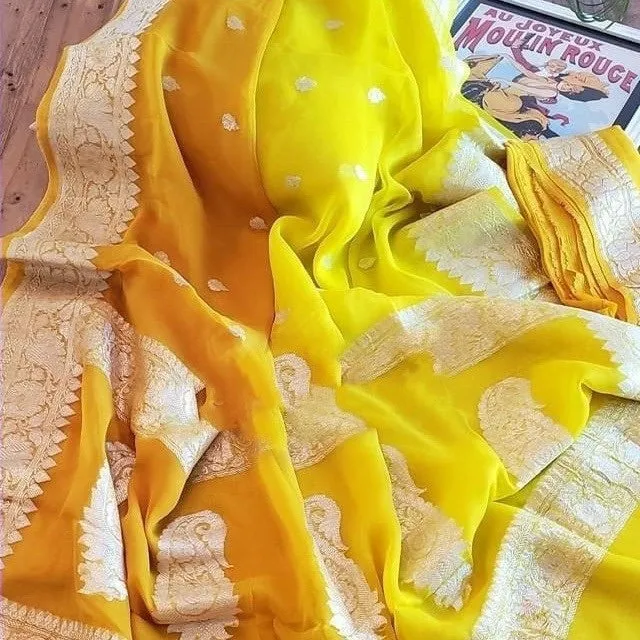 Beautiful Banarasi Khaddi Georgette Sarrree in yellow