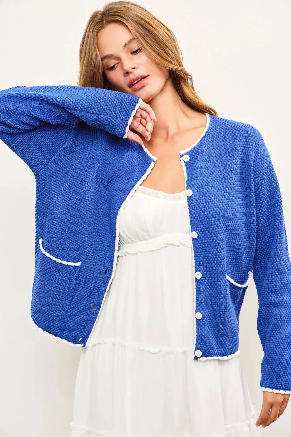 Blue Knit Contrast Trim Two Side Pocket Cardigan