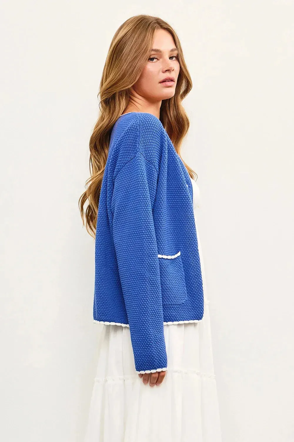 Blue Knit Contrast Trim Two Side Pocket Cardigan