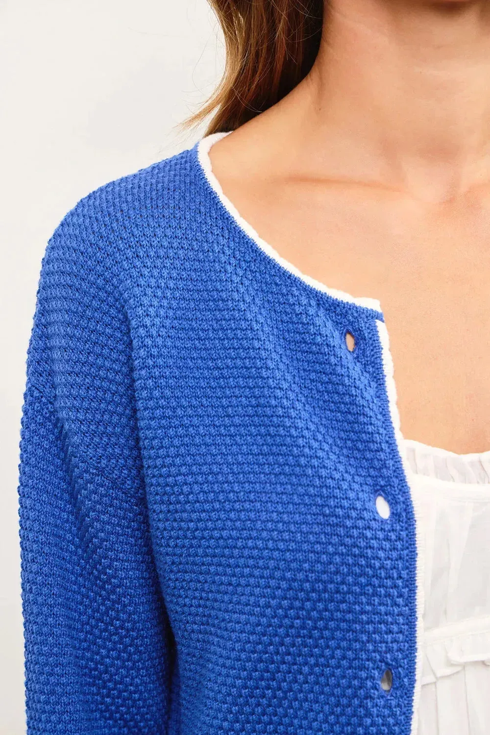 Blue Knit Contrast Trim Two Side Pocket Cardigan