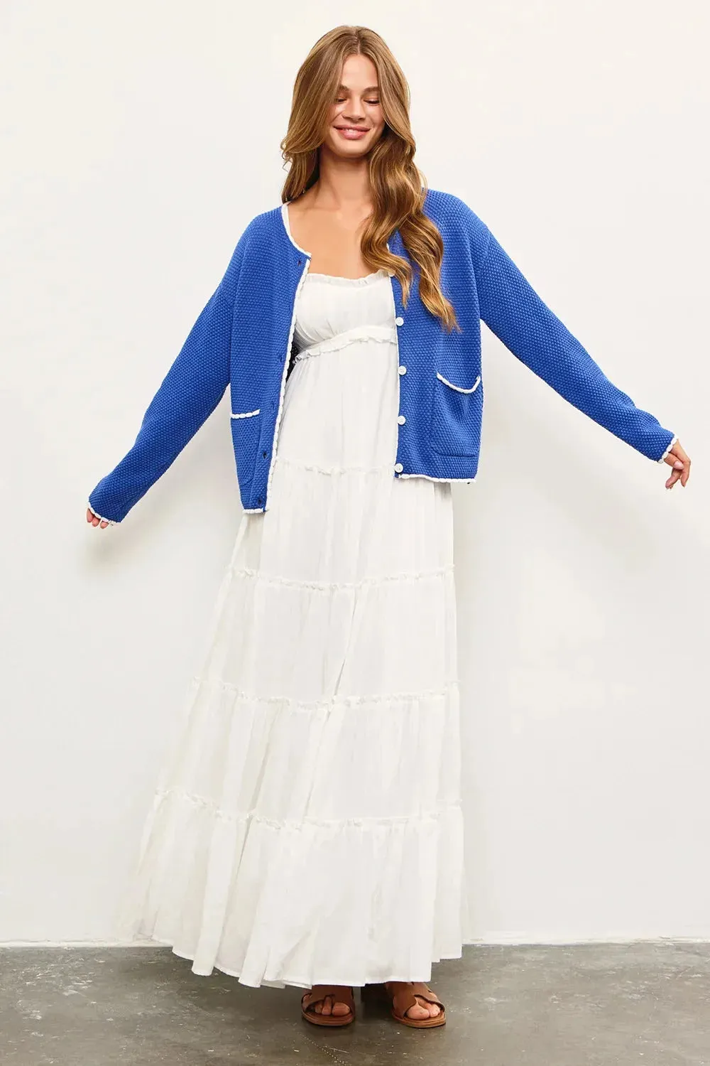 Blue Knit Contrast Trim Two Side Pocket Cardigan