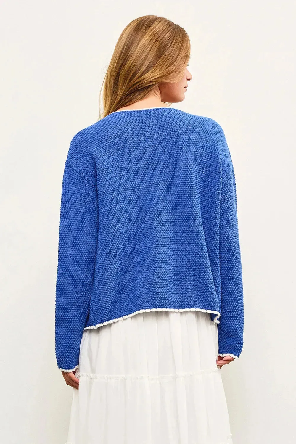 Blue Knit Contrast Trim Two Side Pocket Cardigan