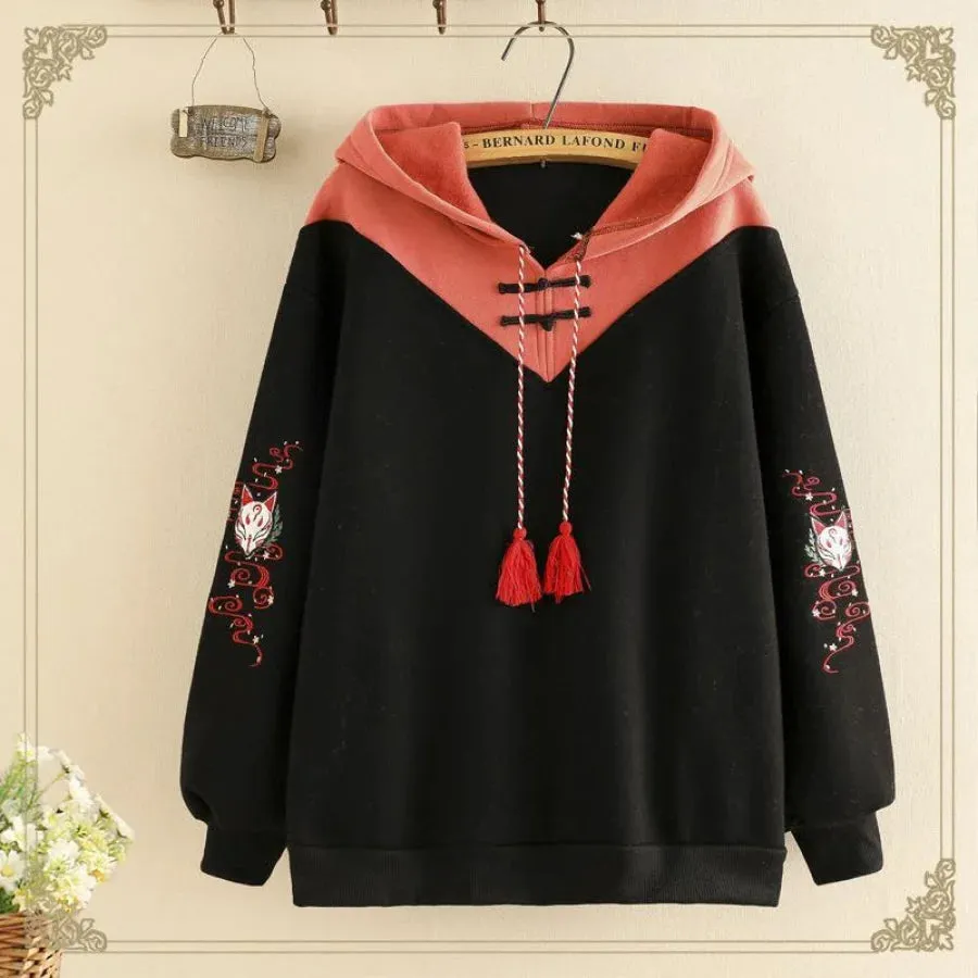 Cartoon Fox Tassel Drawstring Hoodie mp006245