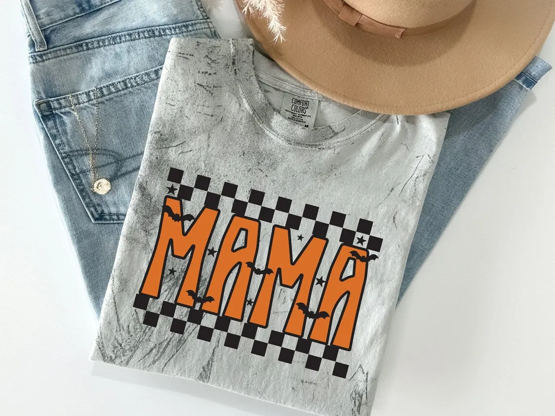 Checkered Fall Mama Shirt with Bat | Garment dyed T-shirt with print on Front & Back. Halloween Mama Shirt. Halloween Mama Outfit.