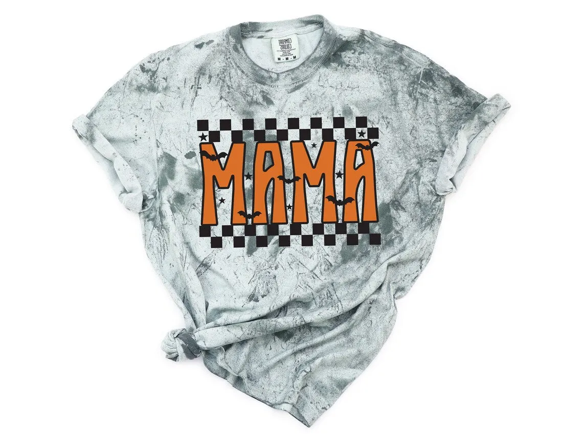 Checkered Fall Mama Shirt with Bat | Garment dyed T-shirt with print on Front & Back. Halloween Mama Shirt. Halloween Mama Outfit.