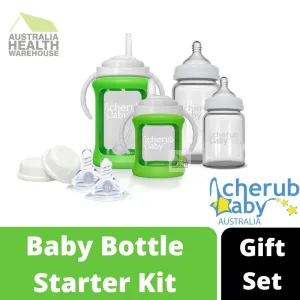 Cherub Baby Glass Bottle Wide Neck Starter Kit (0 Months  & above) - Green