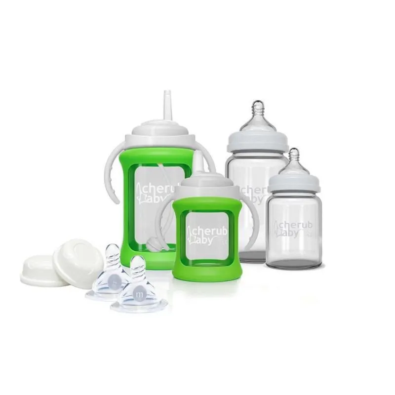 Cherub Baby Glass Bottle Wide Neck Starter Kit (0 Months  & above) - Green