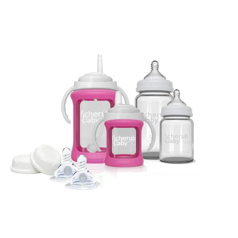 Cherub Baby Glass Bottle Wide Neck Starter Kit (0 months  & above) - Pink