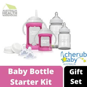 Cherub Baby Glass Bottle Wide Neck Starter Kit (0 months  & above) - Pink