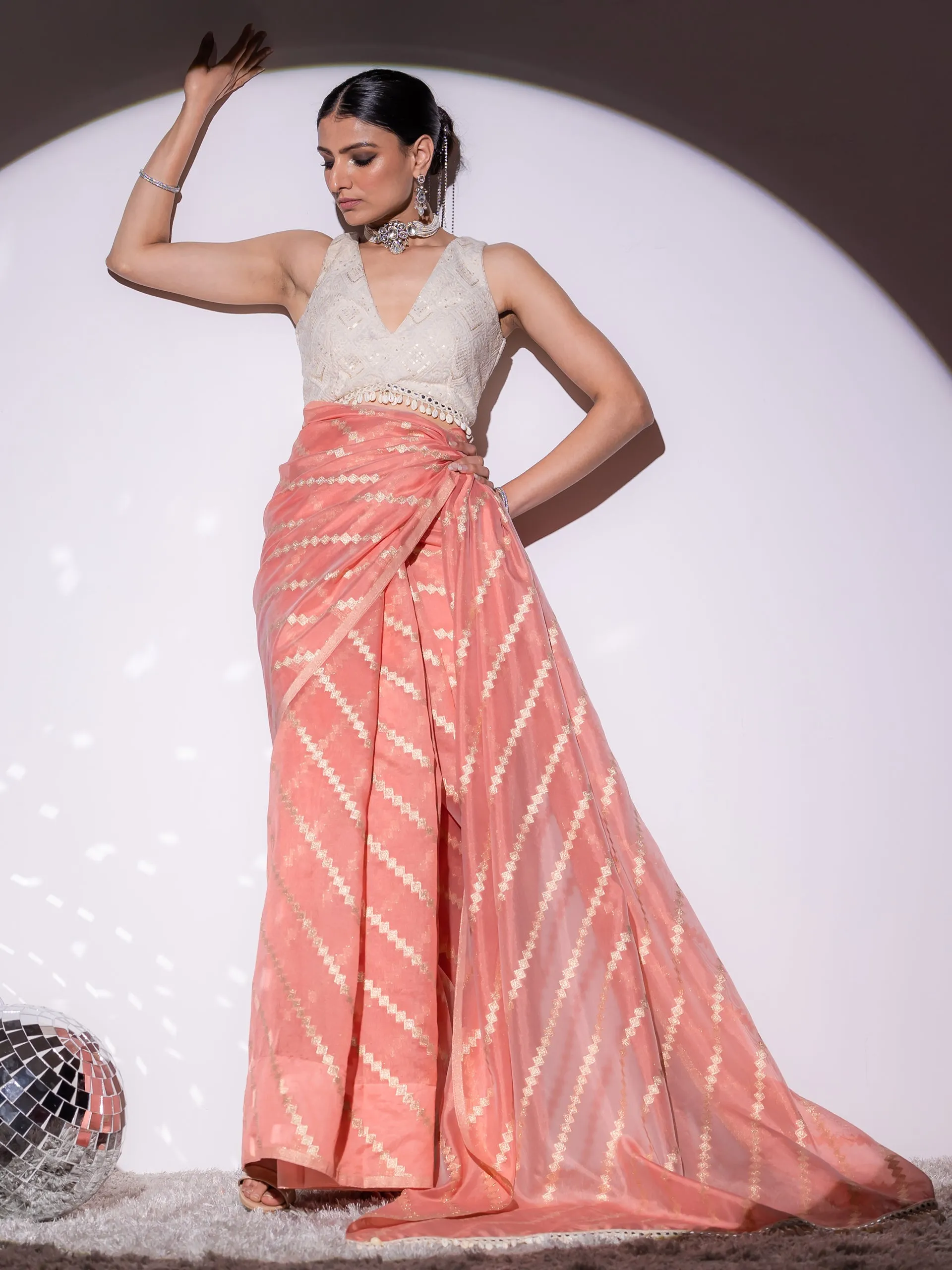 Chevron Pink Organza Saree with Cowrie Lace and Blouse Fabric