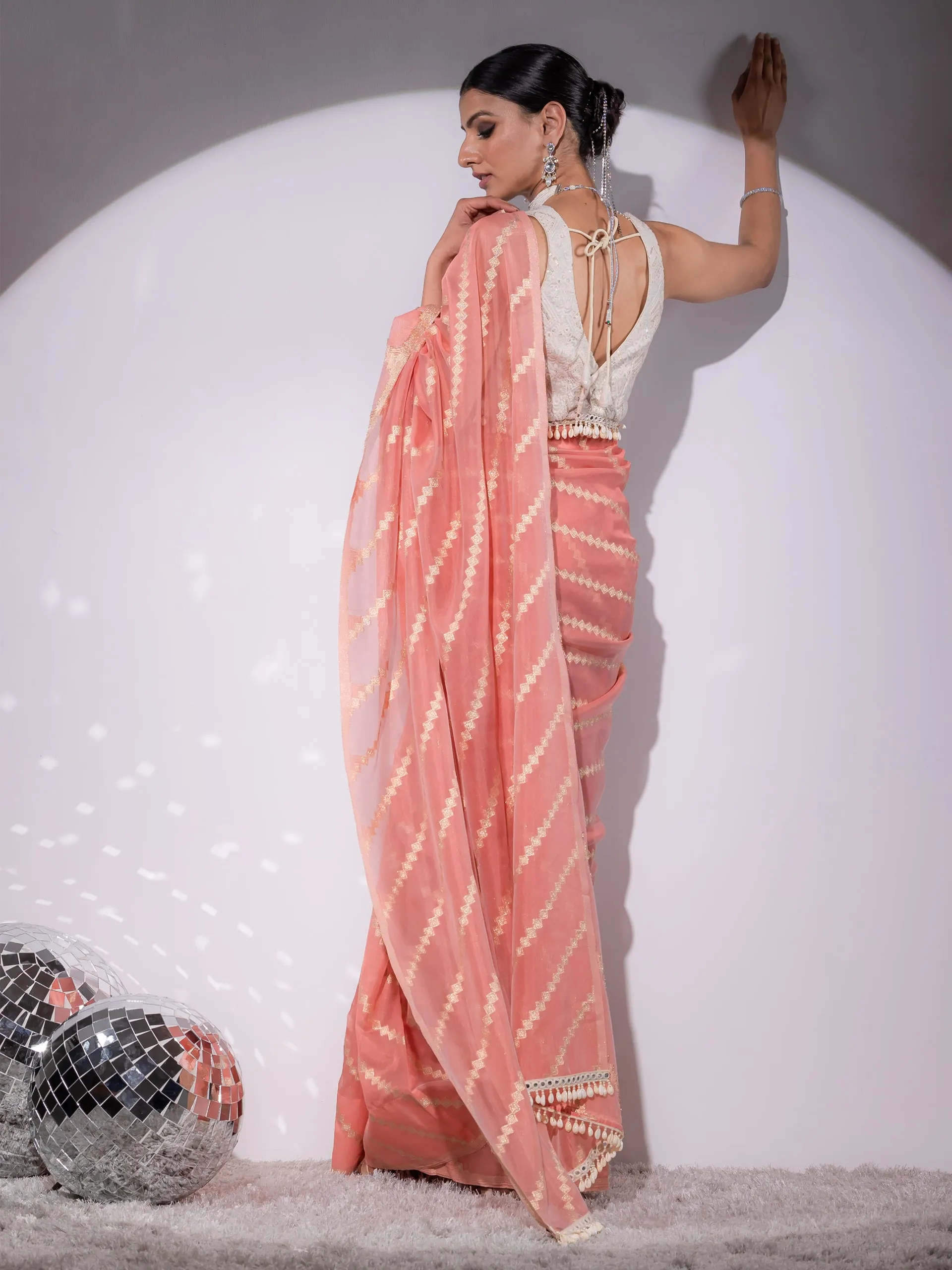 Chevron Pink Organza Saree with Cowrie Lace and Blouse Fabric