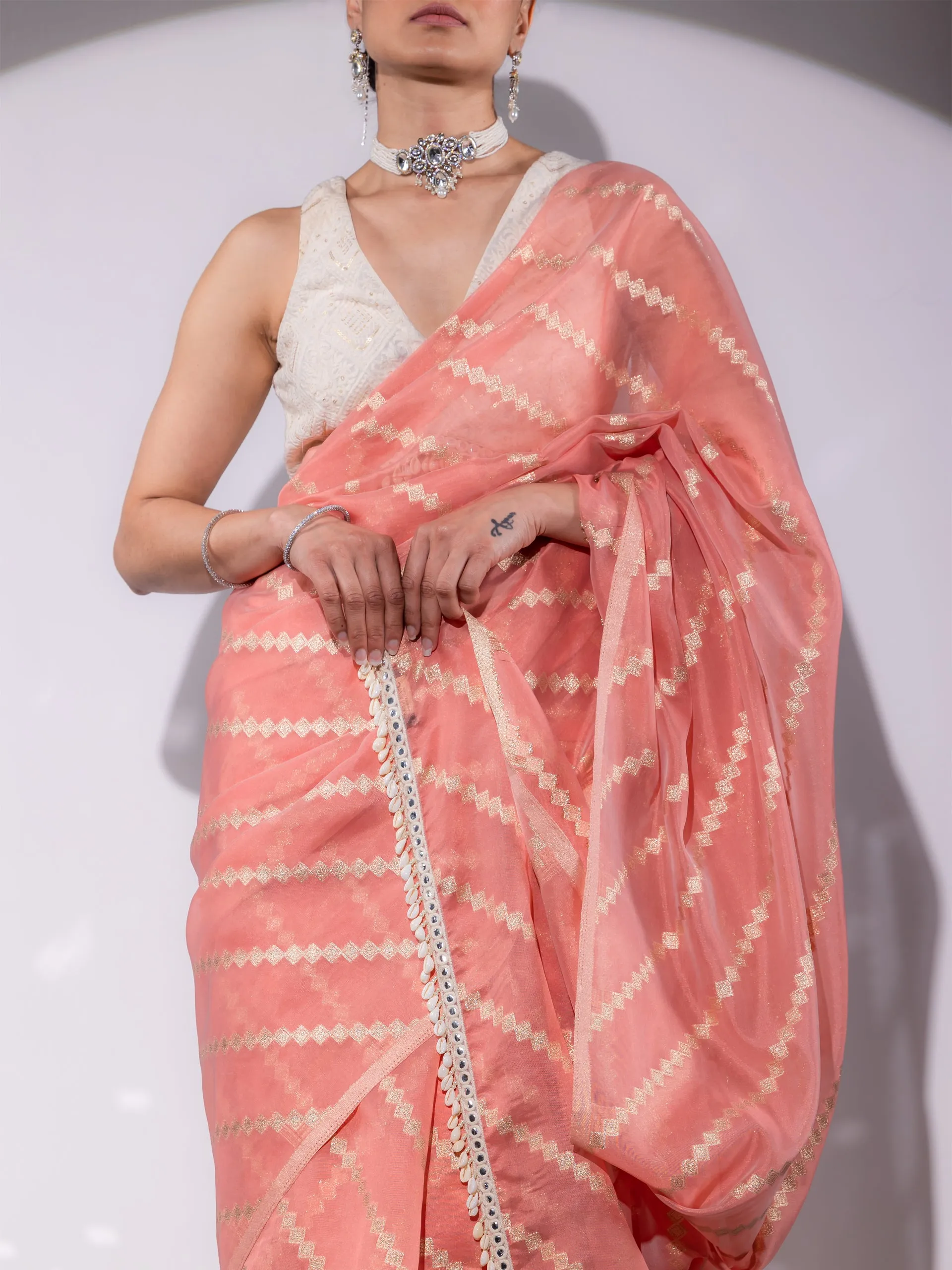 Chevron Pink Organza Saree with Cowrie Lace and Blouse Fabric