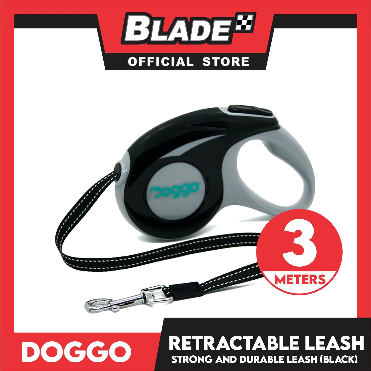 Doggo Retractable Leash 3M (Black) Strong And Durable, In Comfort And Control Running And Convenient