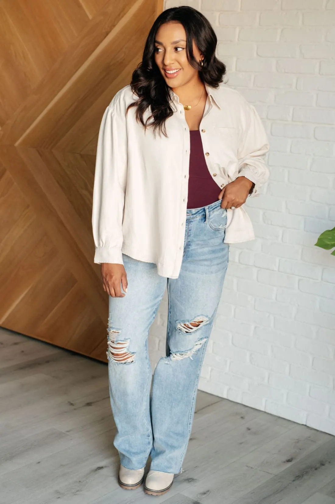 Faux Suede Blouse in Ivory