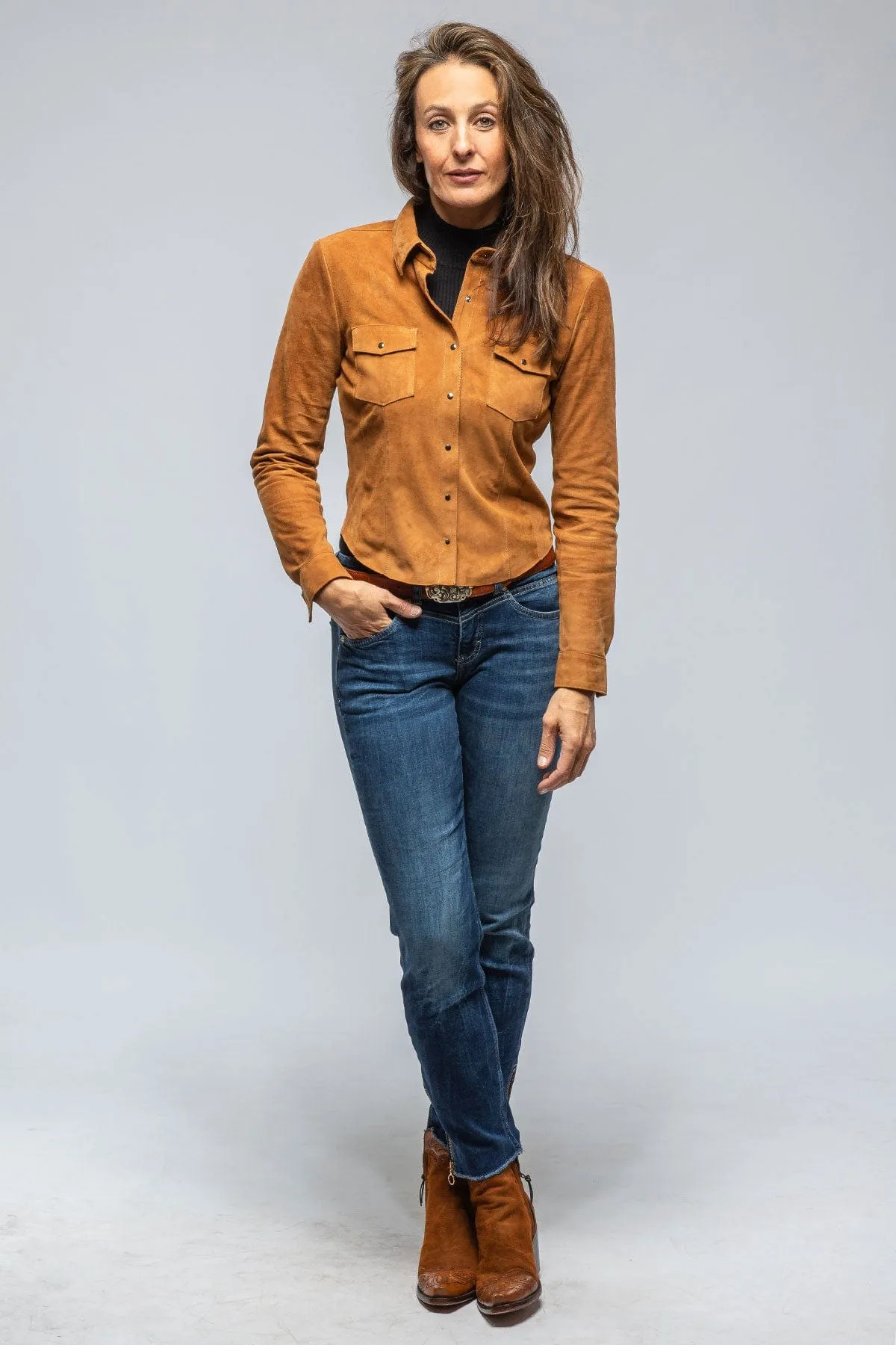 Giulia Suede Snap Shirt in Whiskey