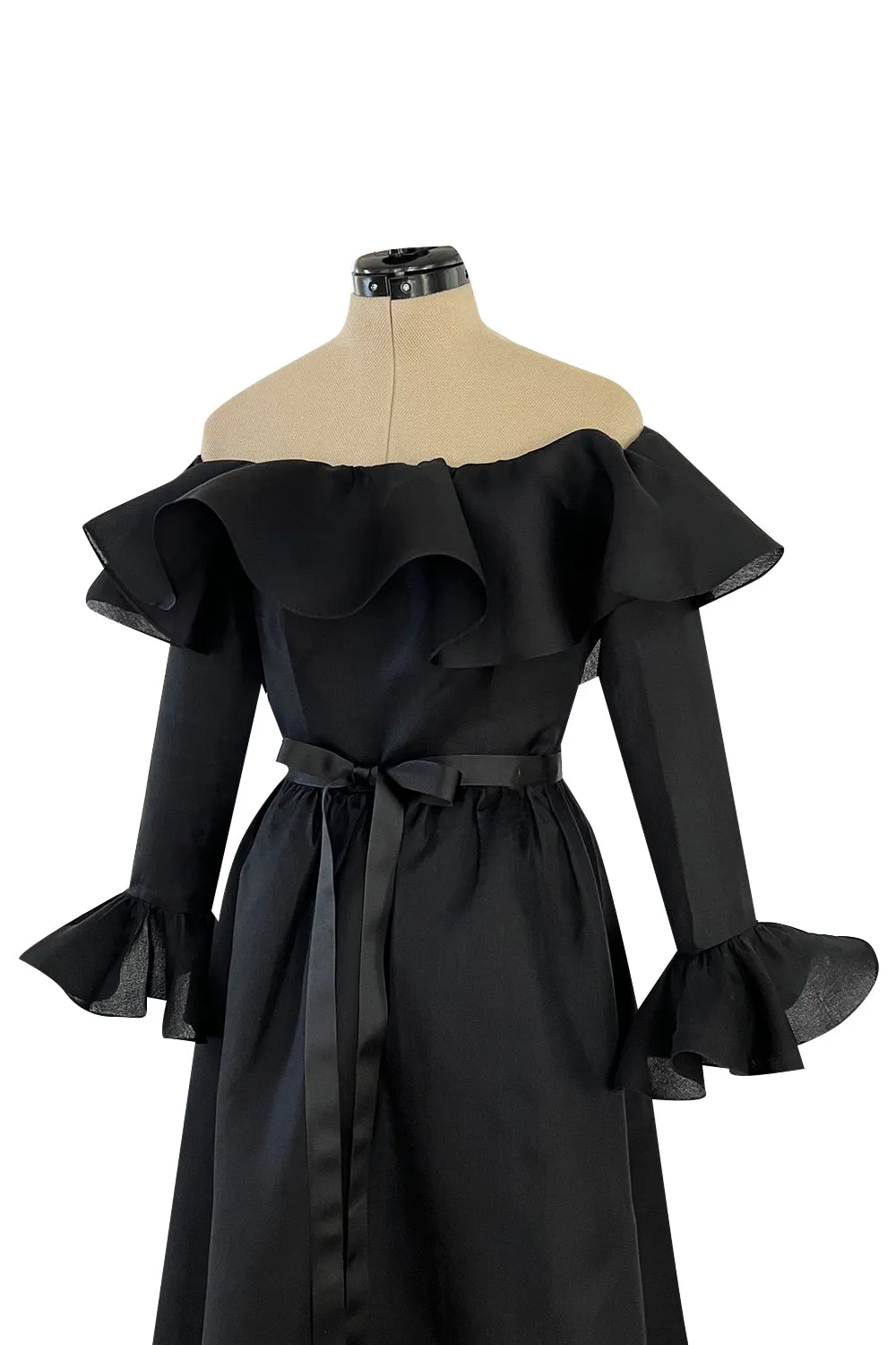Gorgeous 1972 Nina Ricci Black Silk Gazaar Off Shoulder Dress W Ruffled Finishes