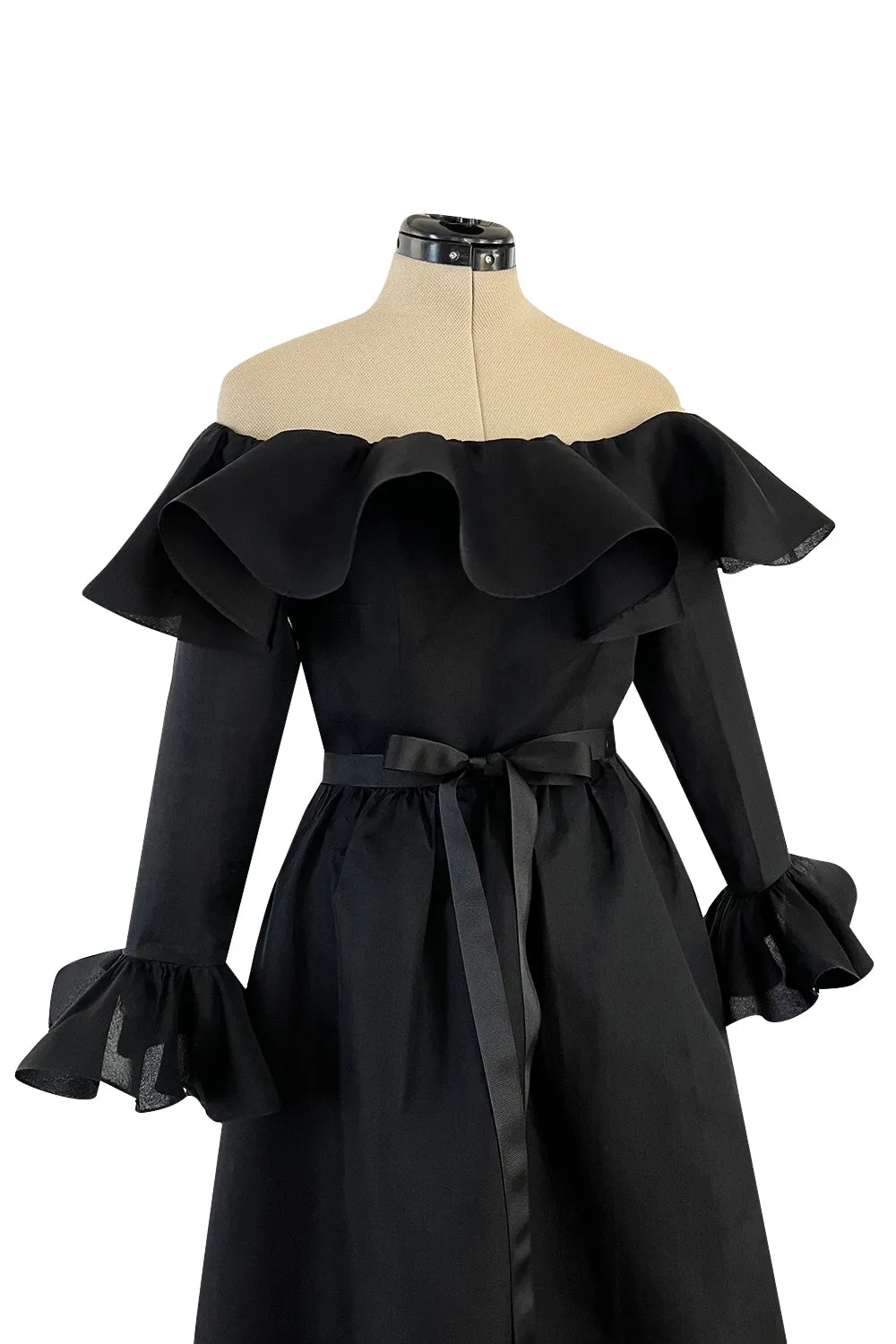 Gorgeous 1972 Nina Ricci Black Silk Gazaar Off Shoulder Dress W Ruffled Finishes