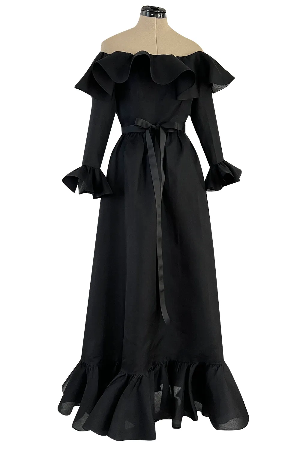 Gorgeous 1972 Nina Ricci Black Silk Gazaar Off Shoulder Dress W Ruffled Finishes