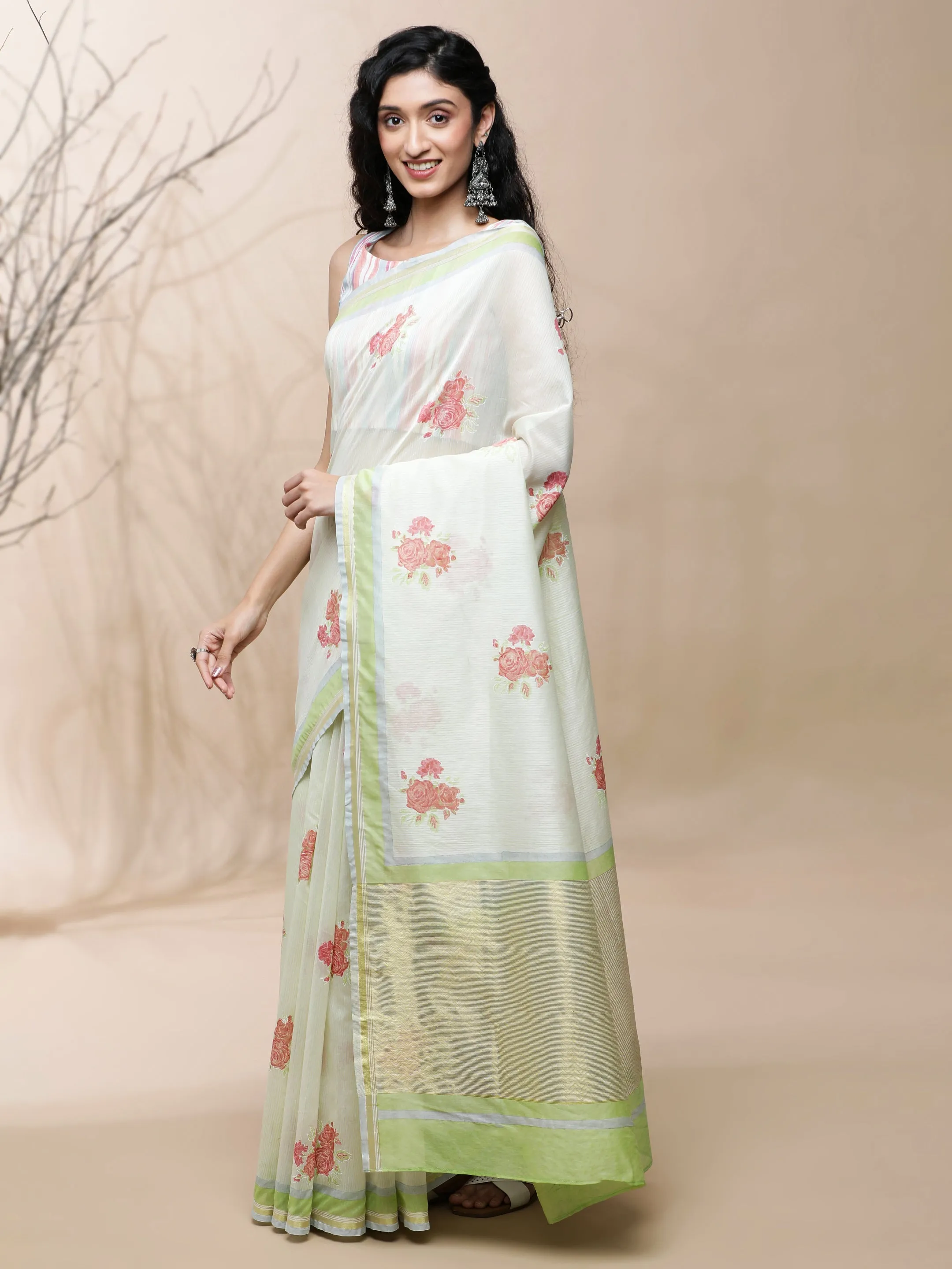 Gulab Chanderi Green Stripes On White Silk Saree