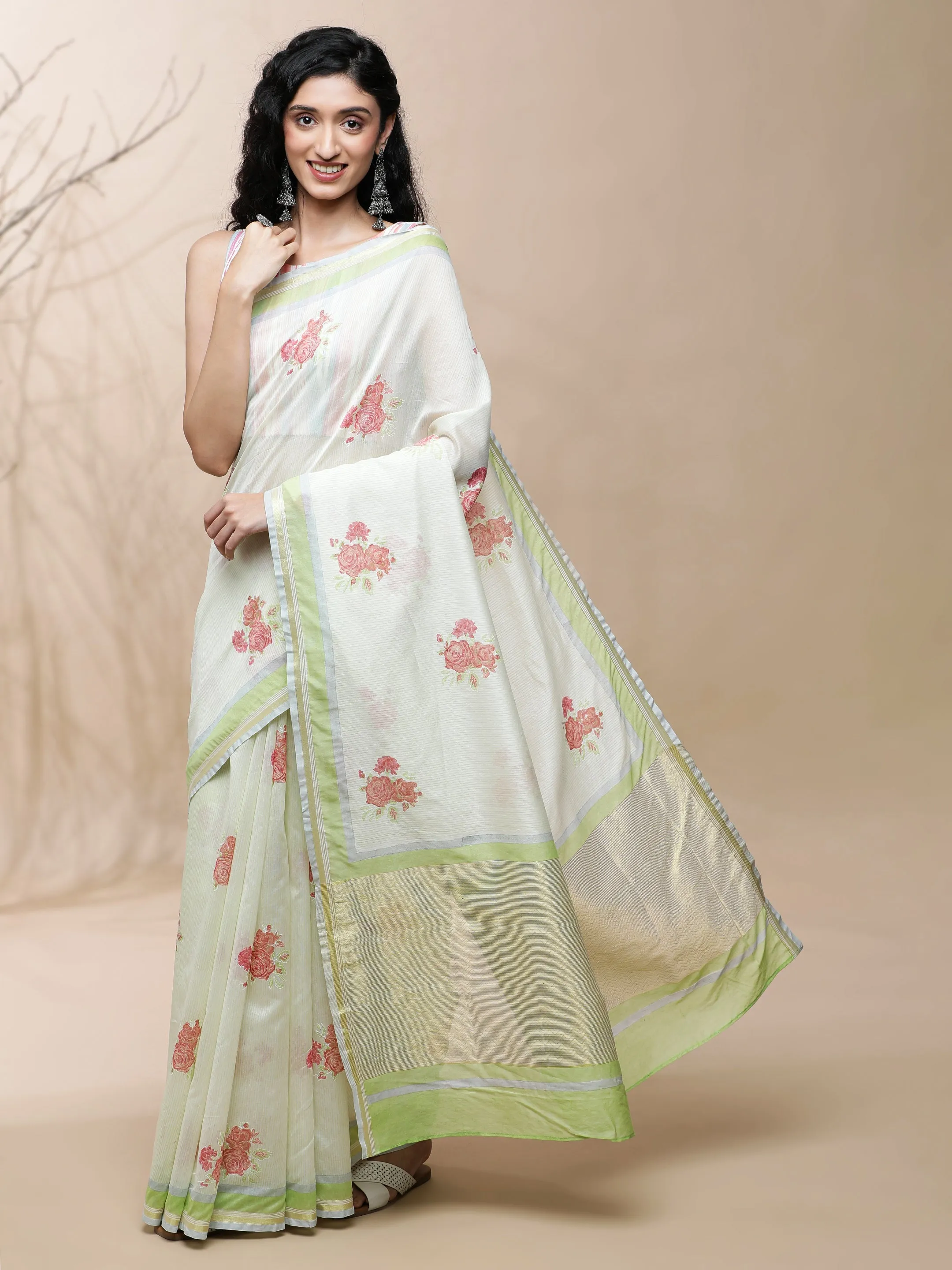 Gulab Chanderi Green Stripes On White Silk Saree